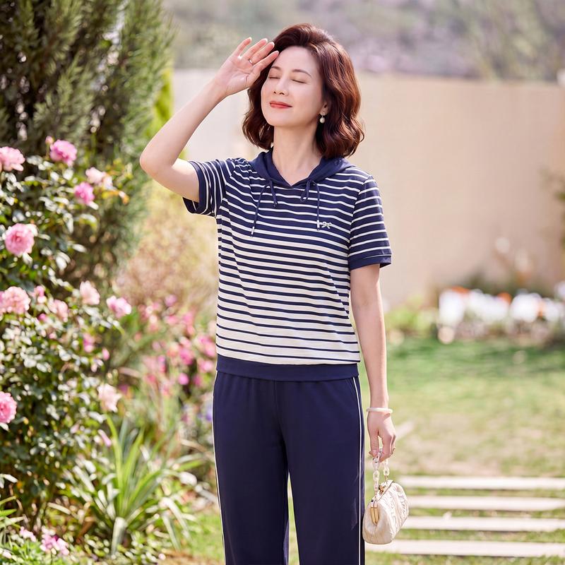 Mid-Aged Women s Striped Hooded Summer Two-Piece Set XL