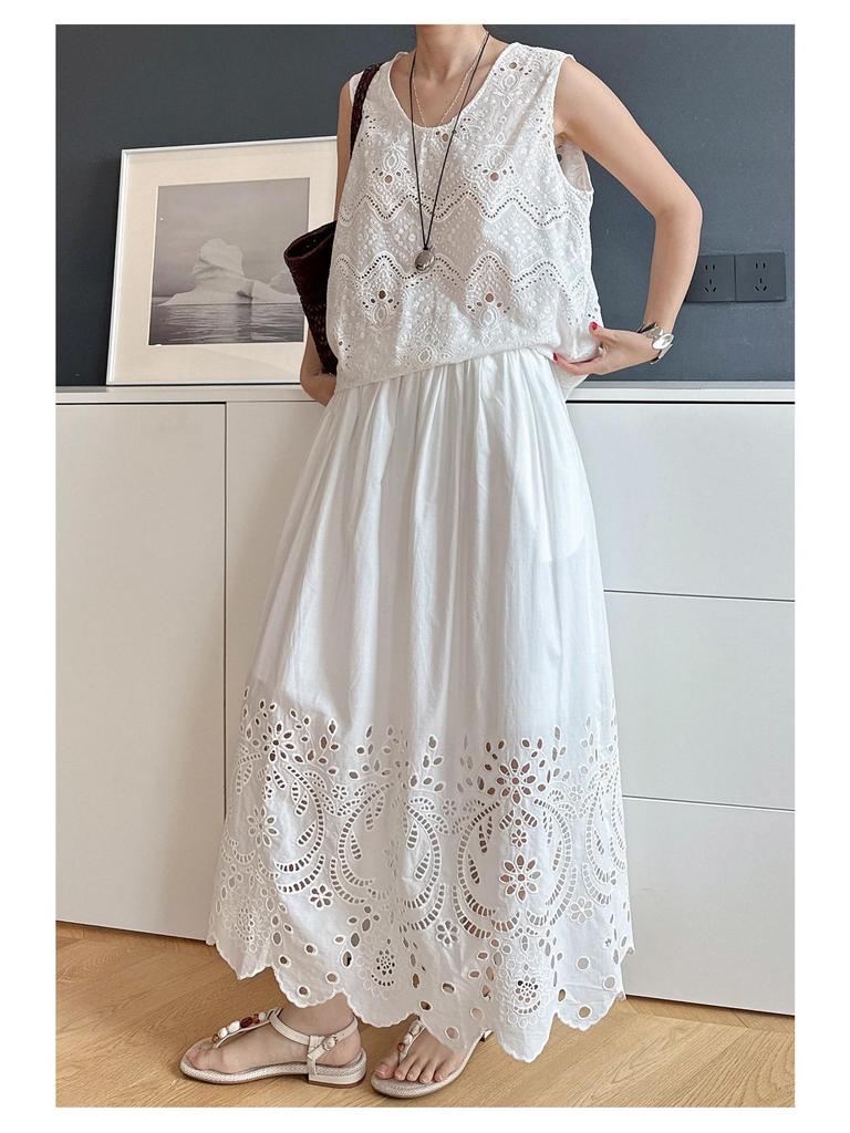 Nanyou Women's 2026 Spring French High Waist Embroidered Lace Maxi Skirt