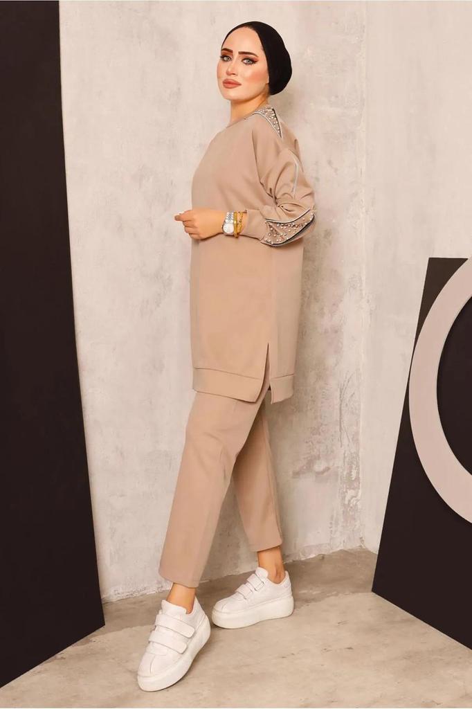 Damen Hijab Set mit langer Tunika und Hose, Perlen- und Reißverschlussdetails