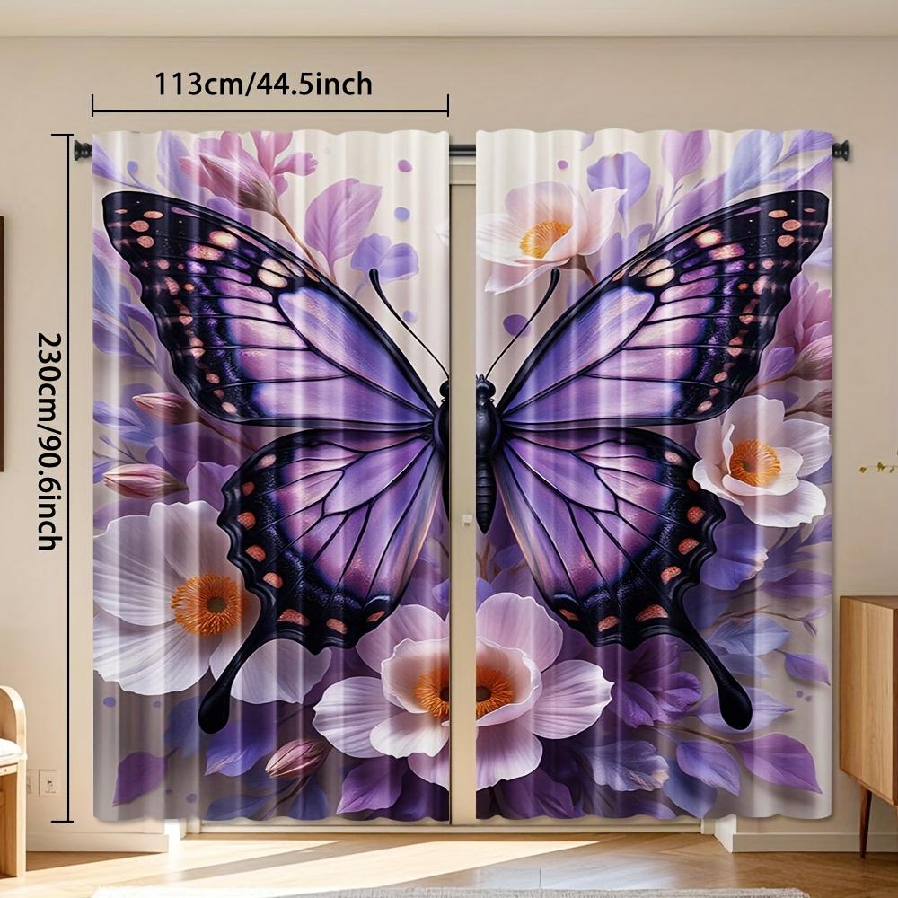 2pcs Purple Butterfly & Floral Print Curtains - Light Filtering Polyester Rod Pocket Design   Contemporary Style for Bedroom   Liv