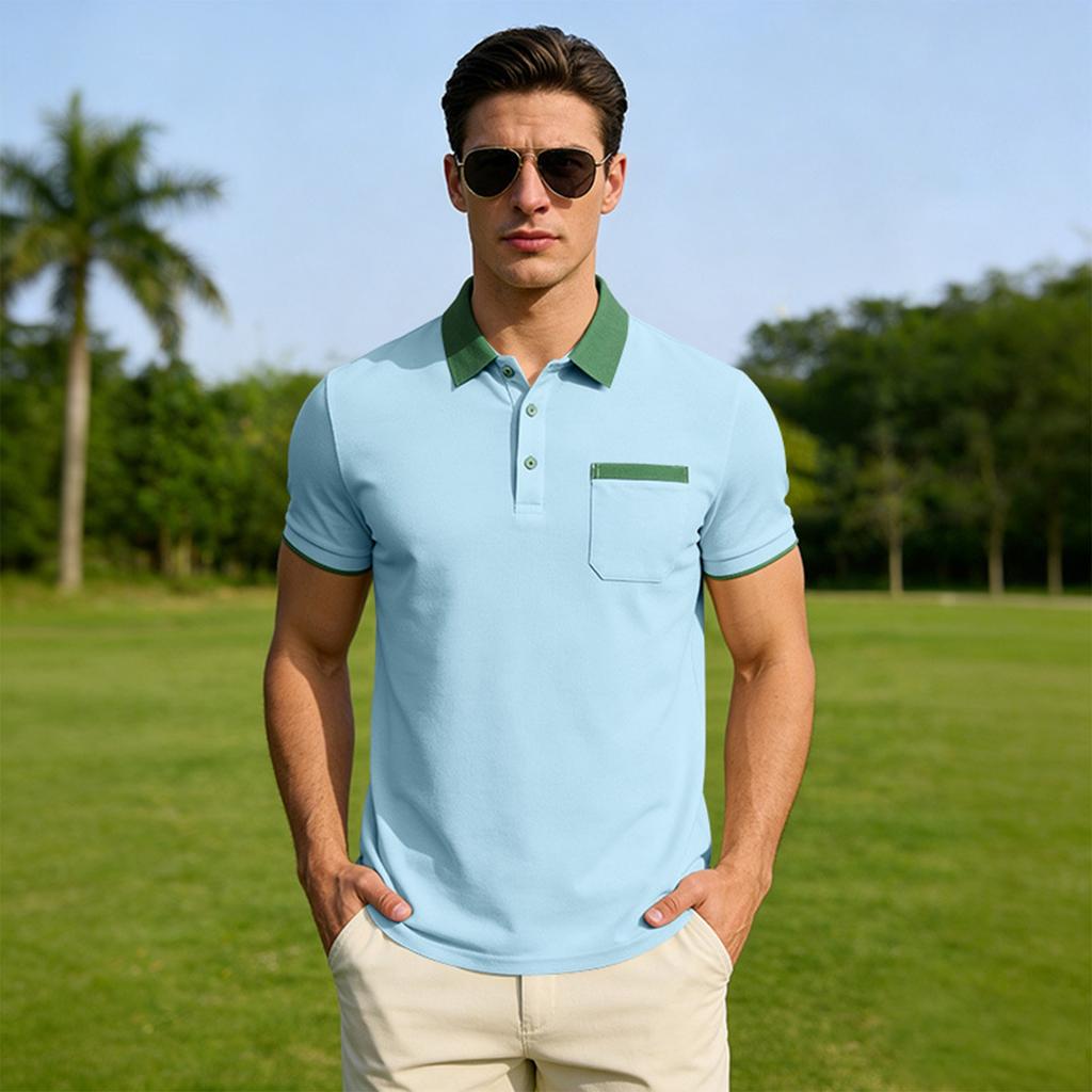 Men’s Short Sleeve Polo Shirt with Collar Pocket Classic Fit Casual Button Down Top