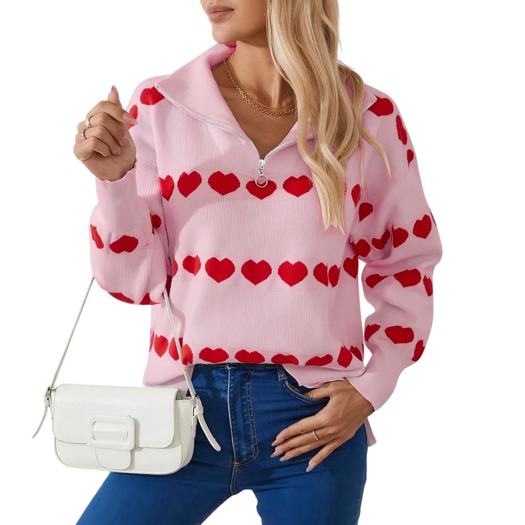 Women's Fashion Zipper Lapel Heart Contrast Color Long Sleeve Pullover Top