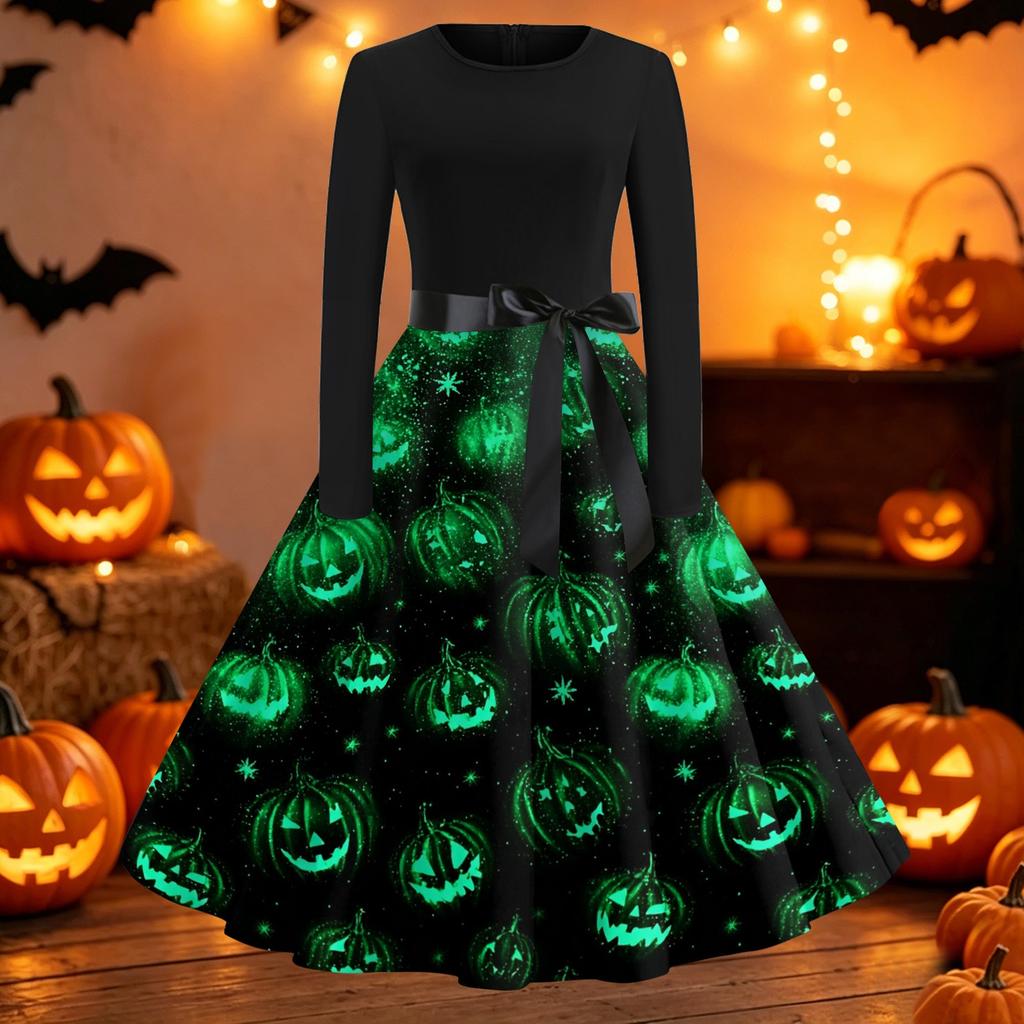 Women's Vintage Round Neck Dress with Halloween Print for Casual Fall Outings