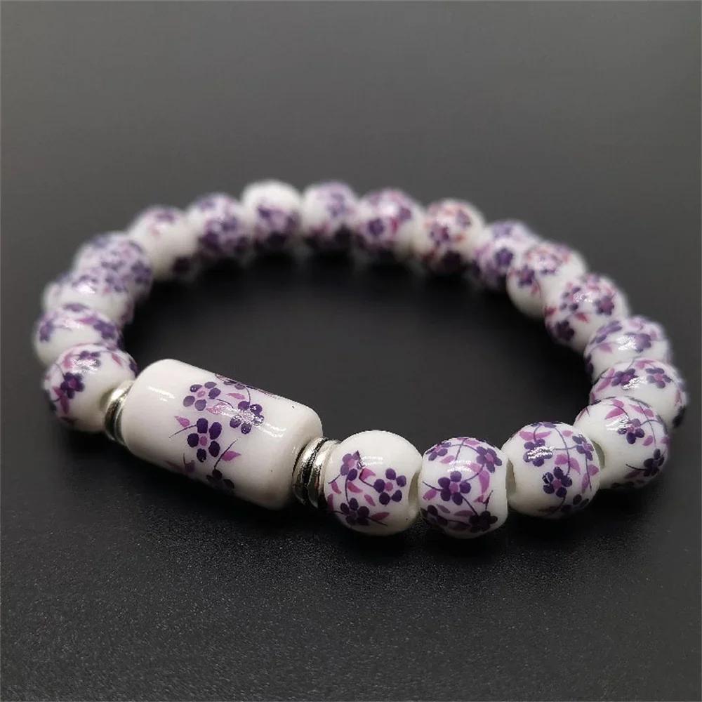 B21 Blue White Pattern Creativity Porcelain  Printing Exquisite Stretch Bead Bracelet 8MM  Plum Blossom Bead Bracelet Jewelry