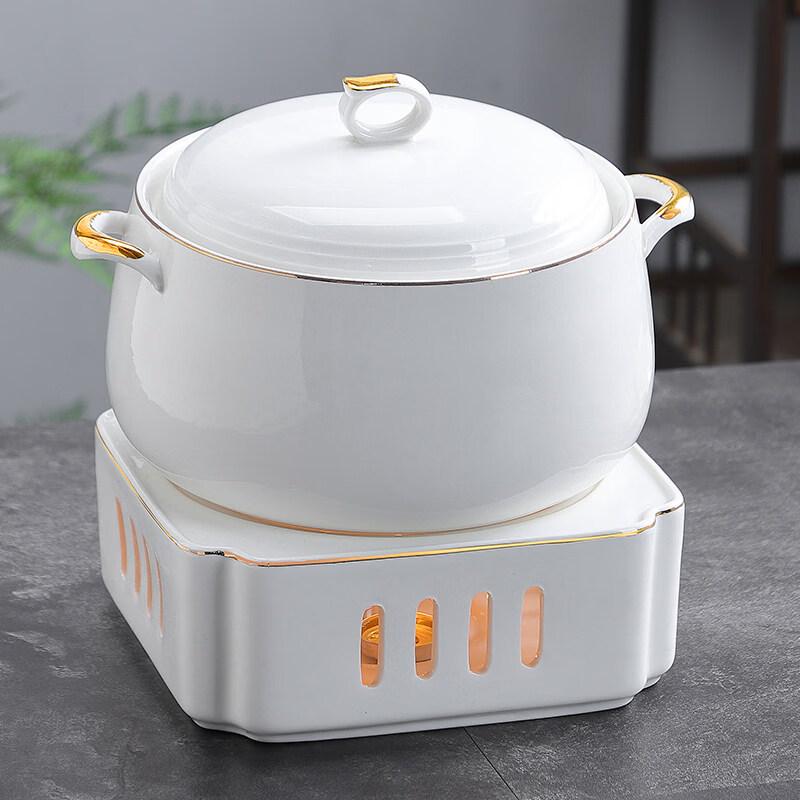 Jingbaodi Gilt Ceramic Double-Handled Soup Pot with Square Candle Warmer Set