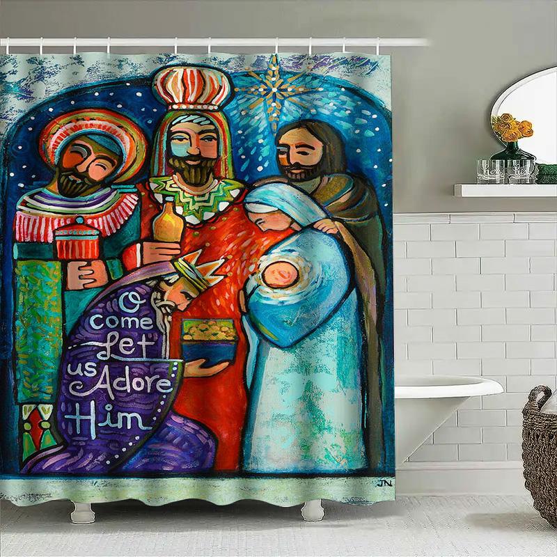 Vibrant Nativity Shower Curtain For Christmas Decorations Handmade Artistic Religious Home Decoration.