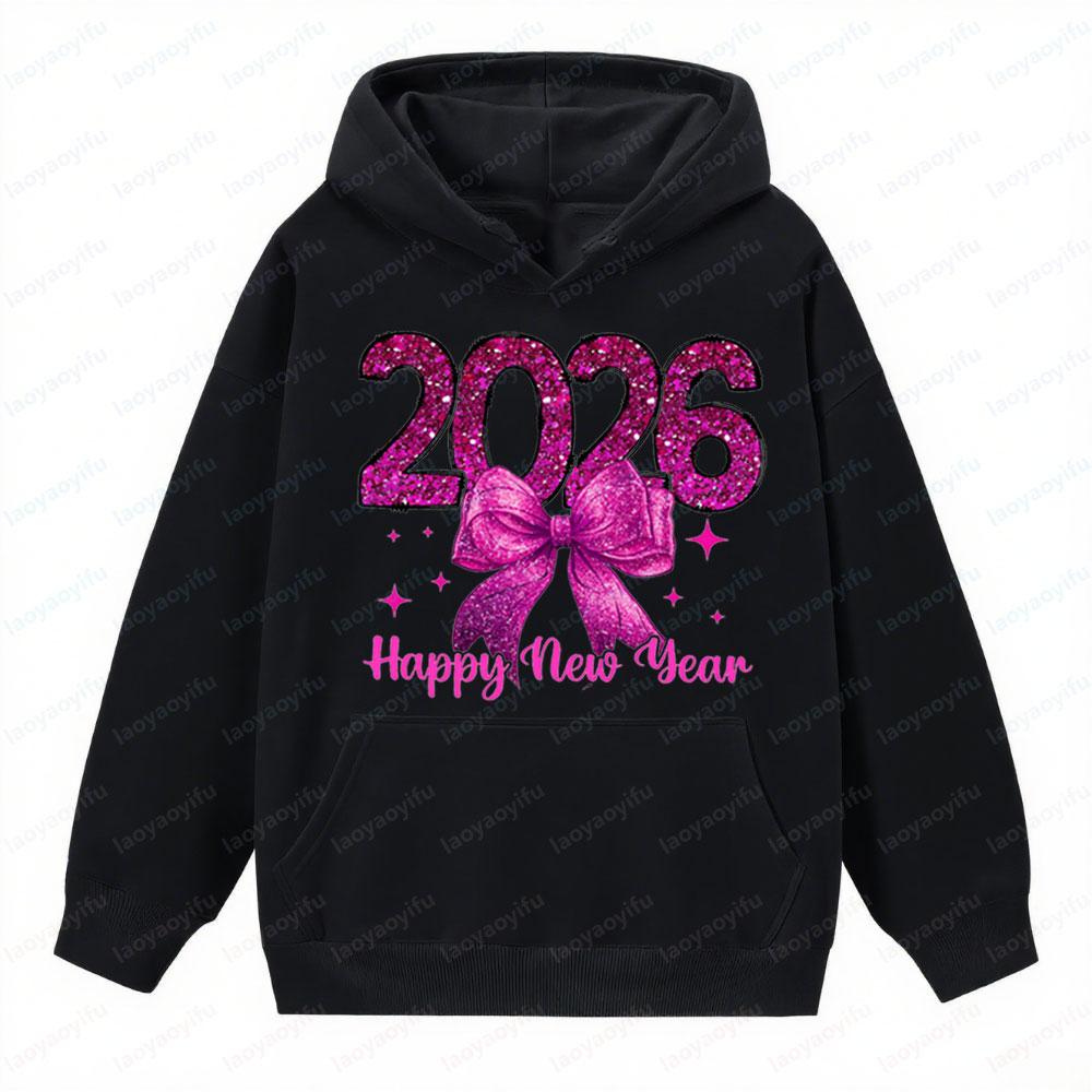Happy New Year 2026 Clothing NYE Party Apparel Pink Glitter Girly New Year Hoodies Women Fashion Trend Holiday Sweatshirt
