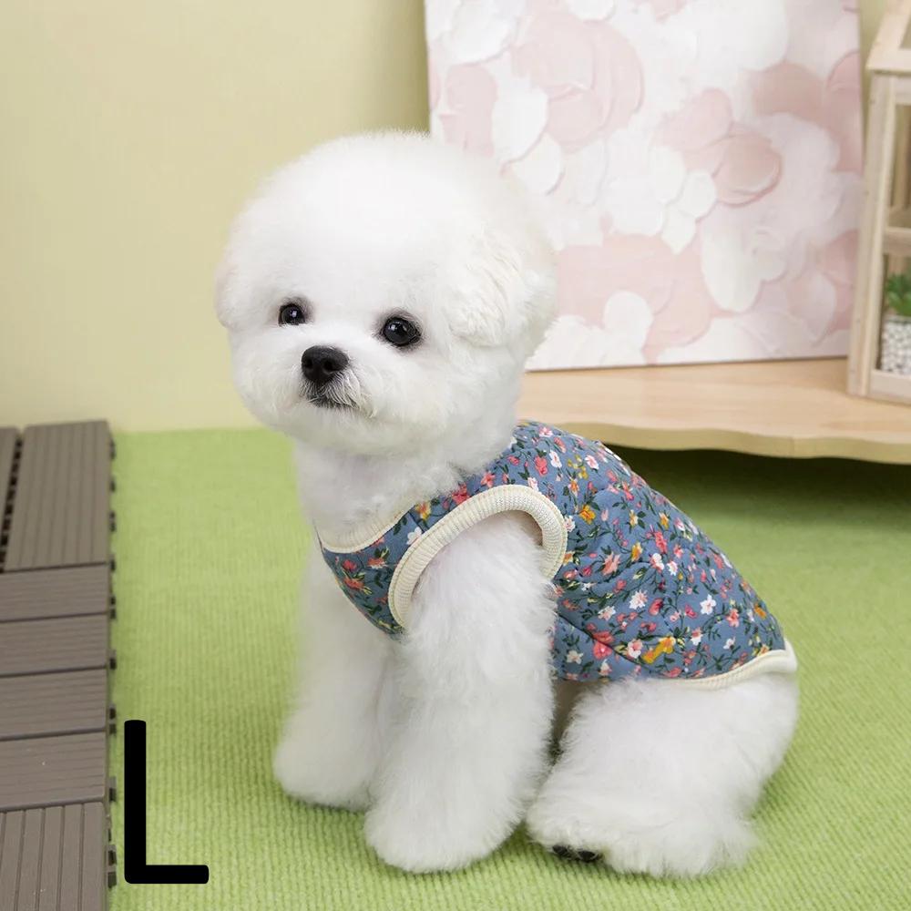 Зимняя куртка для питомца с цветочным узором, костюм для собаки, темно-синий, розовый, безрукавный жилет, теплая, удобная, хлопковый жилет с цветочным принтом, маленькая собака