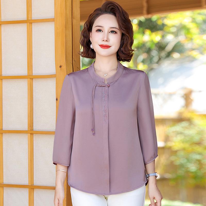 Middle-aged Women s Chinese Style Summer T-shirt: 2026 Design, Seven-point Sleeve Top, Stylish for Middle-aged and Elderly 5XL (150-165 lbs) мальвовый