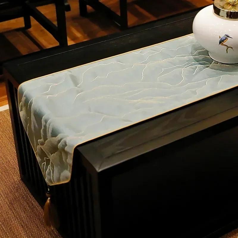 

Chinese Splicing Tassel Table Flag Long Desktop Decorative Jacquard Tea Flag Dining Table Coffee Desk Dustproof Non Slip Cloth 33x160cm светло-синий