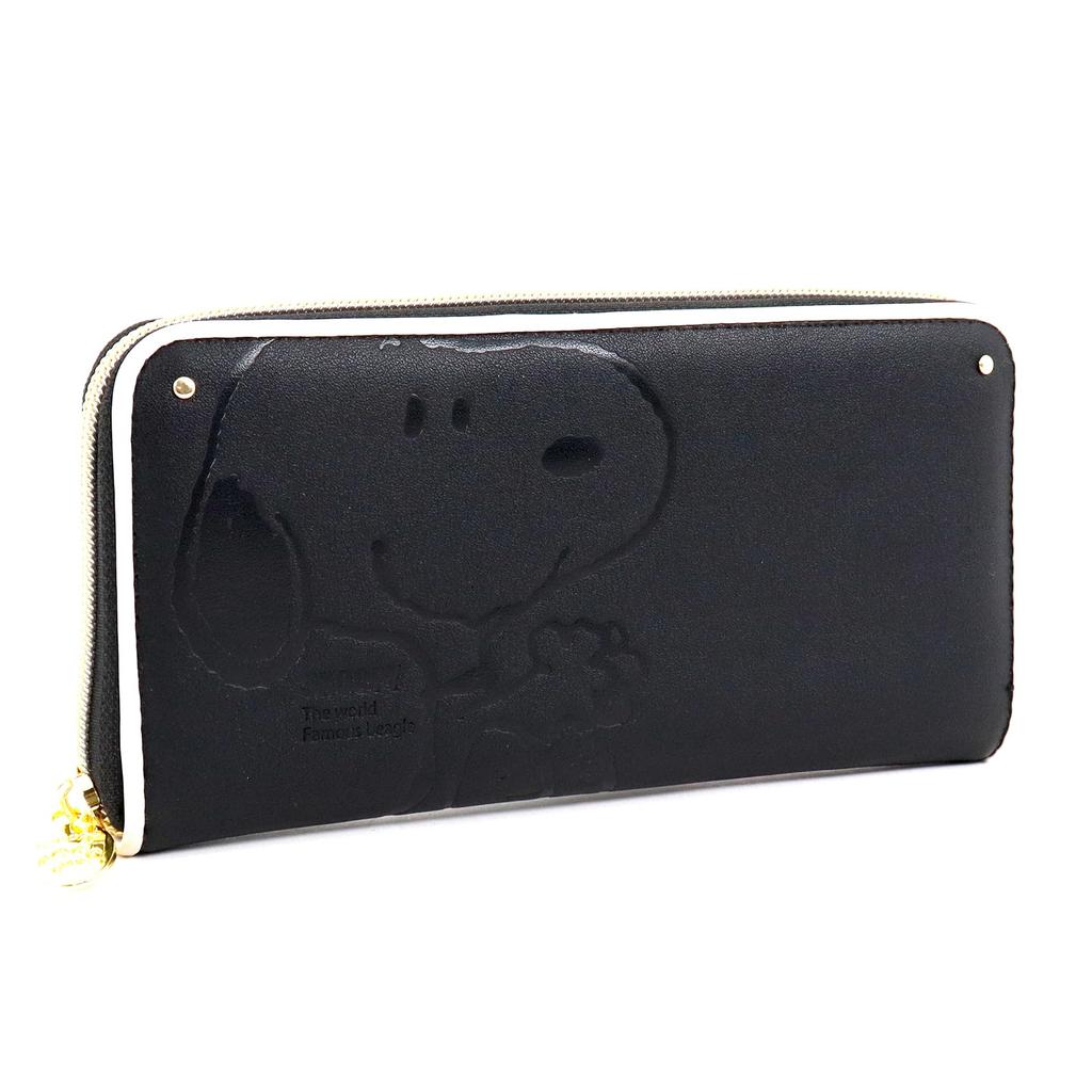 Snoopy Women's Long Wallet with Round Zipper, Cute Character Design, Large Capacity, Accordion Embossed PEANUTS (Black)