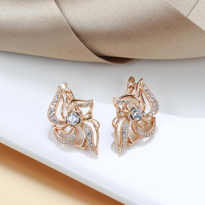 Luxury Boho Rose Gold Earrings For Women Micro-Wax Inlay Natural Zircon Crystal Earrings Flower Bridal Wedding Jewelry