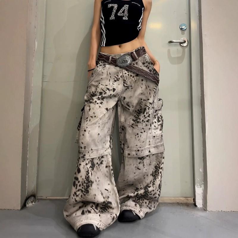 Unisex Wide-Leg Cargo Jeans With Leopard Print Patchwork Relaxed Fit Streetwear Denim Pants