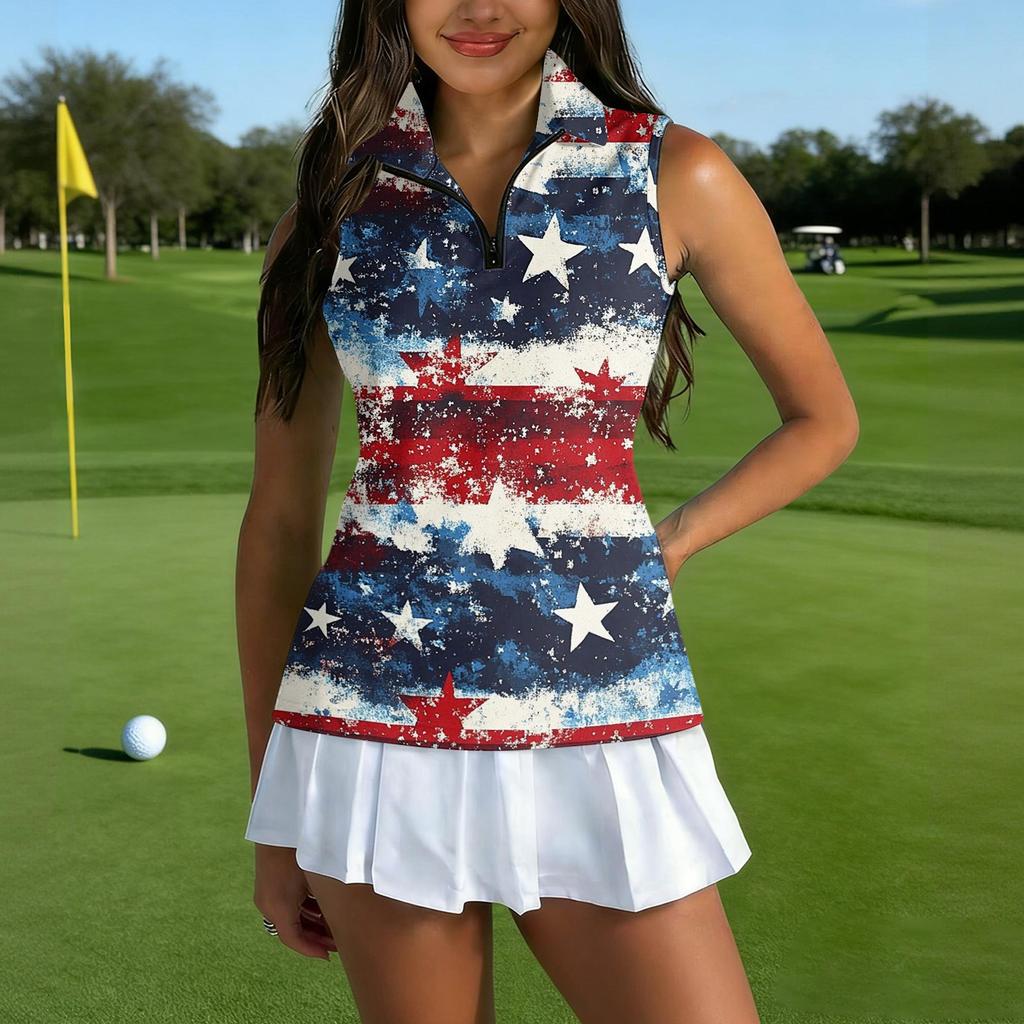 Sleeveless Golf Polo Shirt with Zipper Collar Women's Casual Athletic Top Independence Day Print Sports Vest for Outdoor Activities