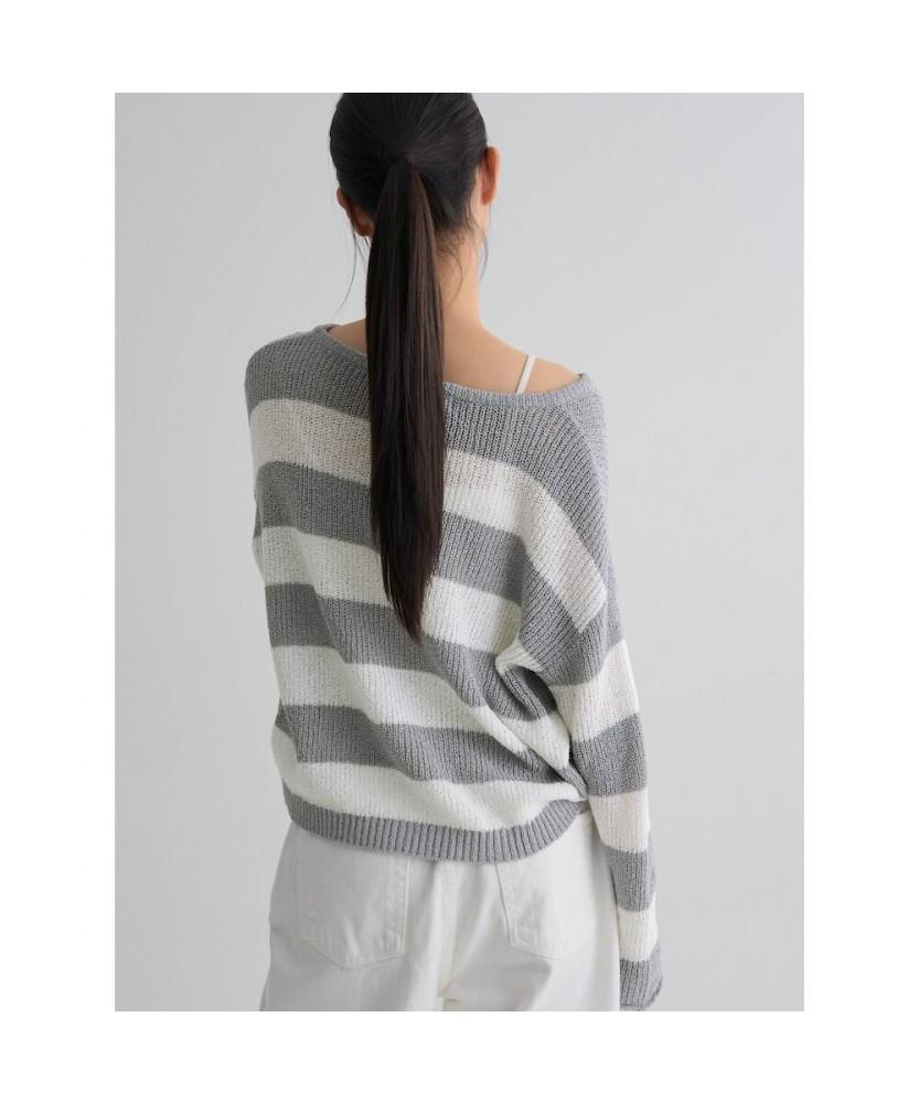 8SECONDS Loose Fit Striped Boat Neck Pullover Light Gray