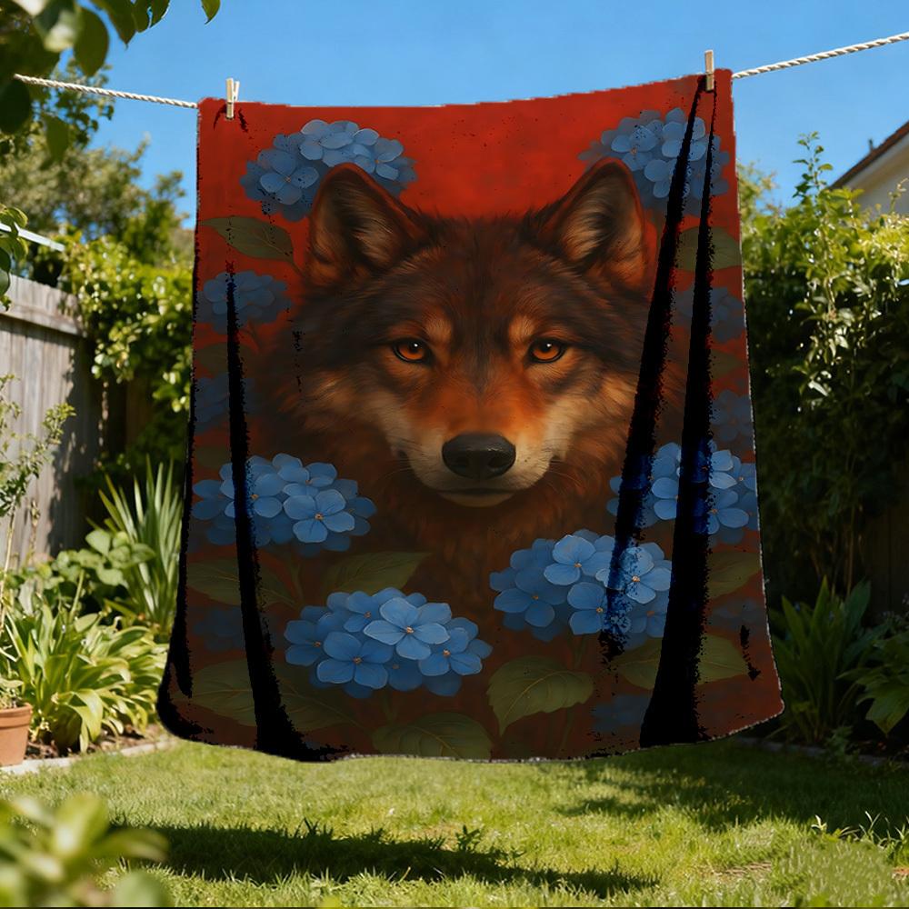 1pc Wolf Blue Flowers Throw Blanket Polyester Fiber, Lightweight Flannel, Soft & Warm, All Season Use for Outdoor, Camping Digital Print
