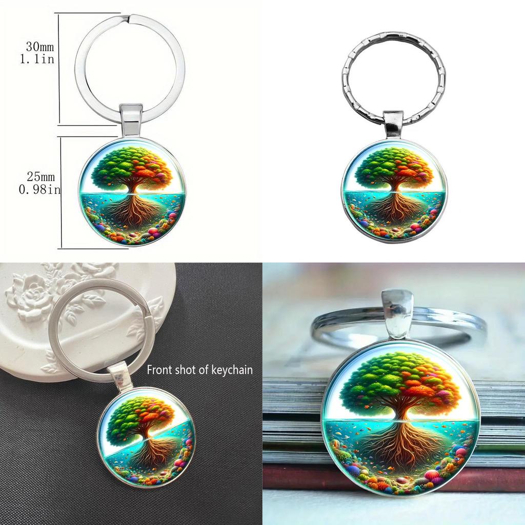 Decorative Glass Keychain Featuring Bright Tree Pattern For Home And Office Keys