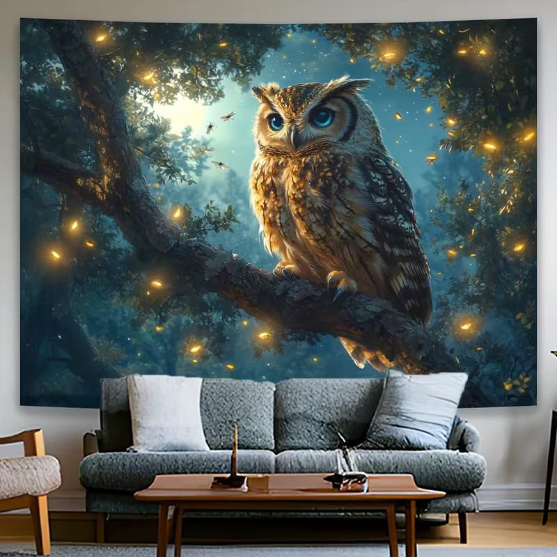 

2D Enchanted Forest Owl Tapestry Glowing Firefly Tree Night Background Cloth for Home 47.2x31.5inch/120*80cm