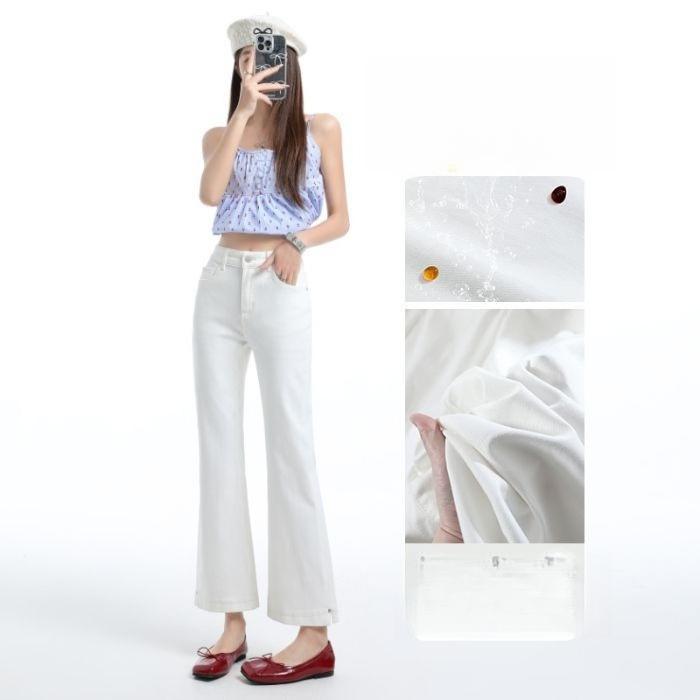 Spring Summer Thin Tencel High Waist Split Hem Nine Point Ice Silk Micro Flare Denim Pants For Women Casual Pants Oversize Denim Trousers