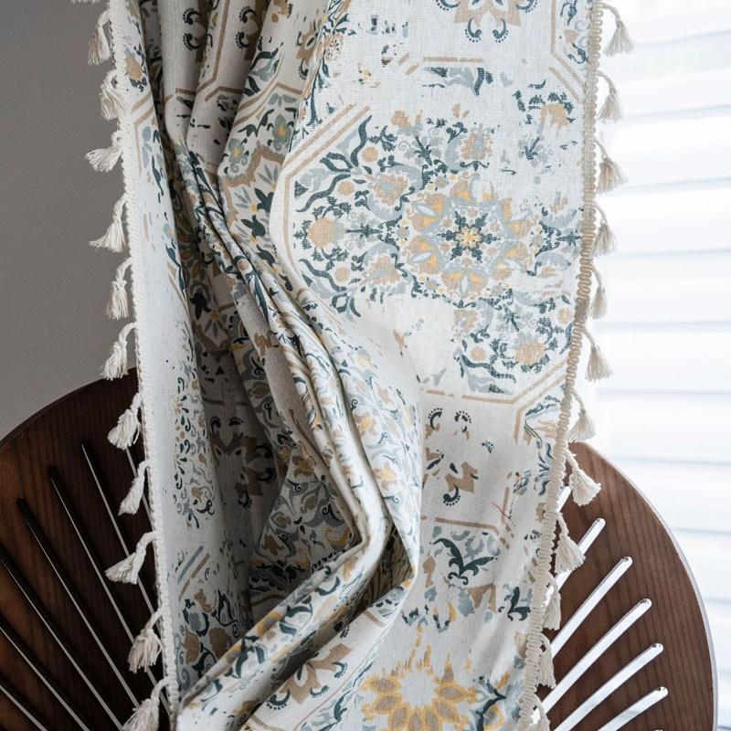 American Style Cotton Hemp Curtains Retro printed Tassel Curtains Living Room Kitchen Bedroom Drapes Float Window Semi-shading