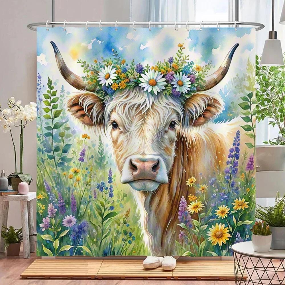 Watercolor Plants And Highland Cow Animal Shower Curtain Print Polyester Waterproof Bathroom Curtains With Hook Decorate Curtain