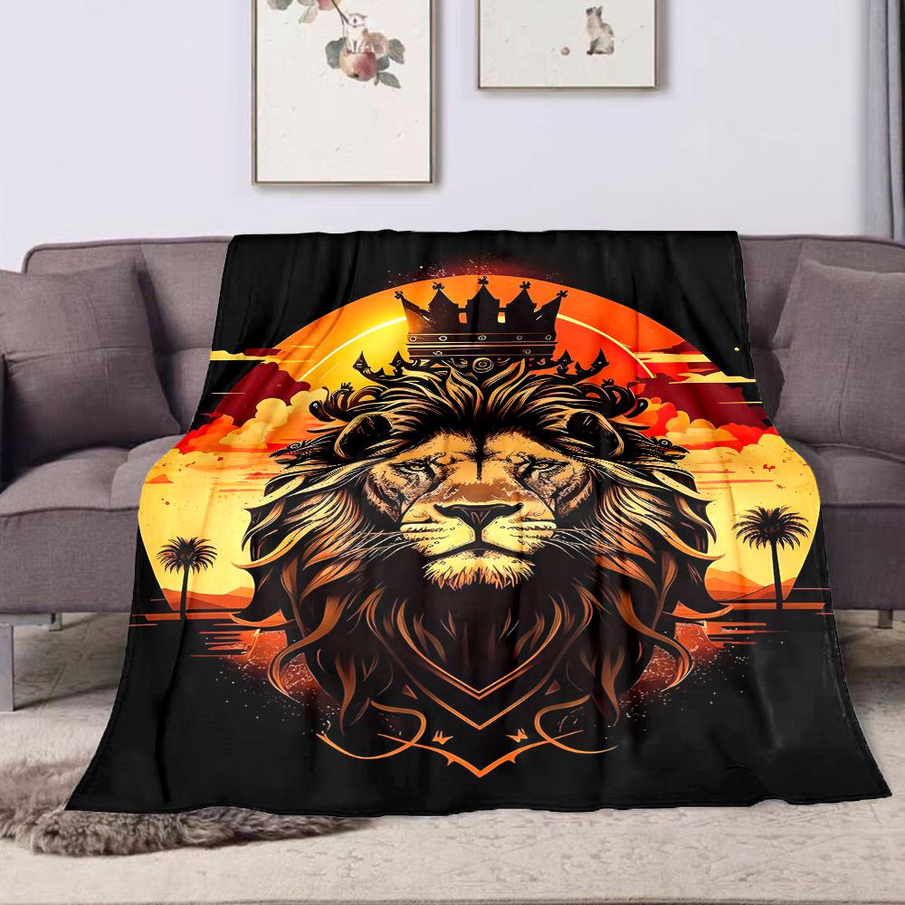 Majestic Lion with Crown in Sunset Patterned flannel blanket perfect for the bedroom living room, sofa, or a little nap