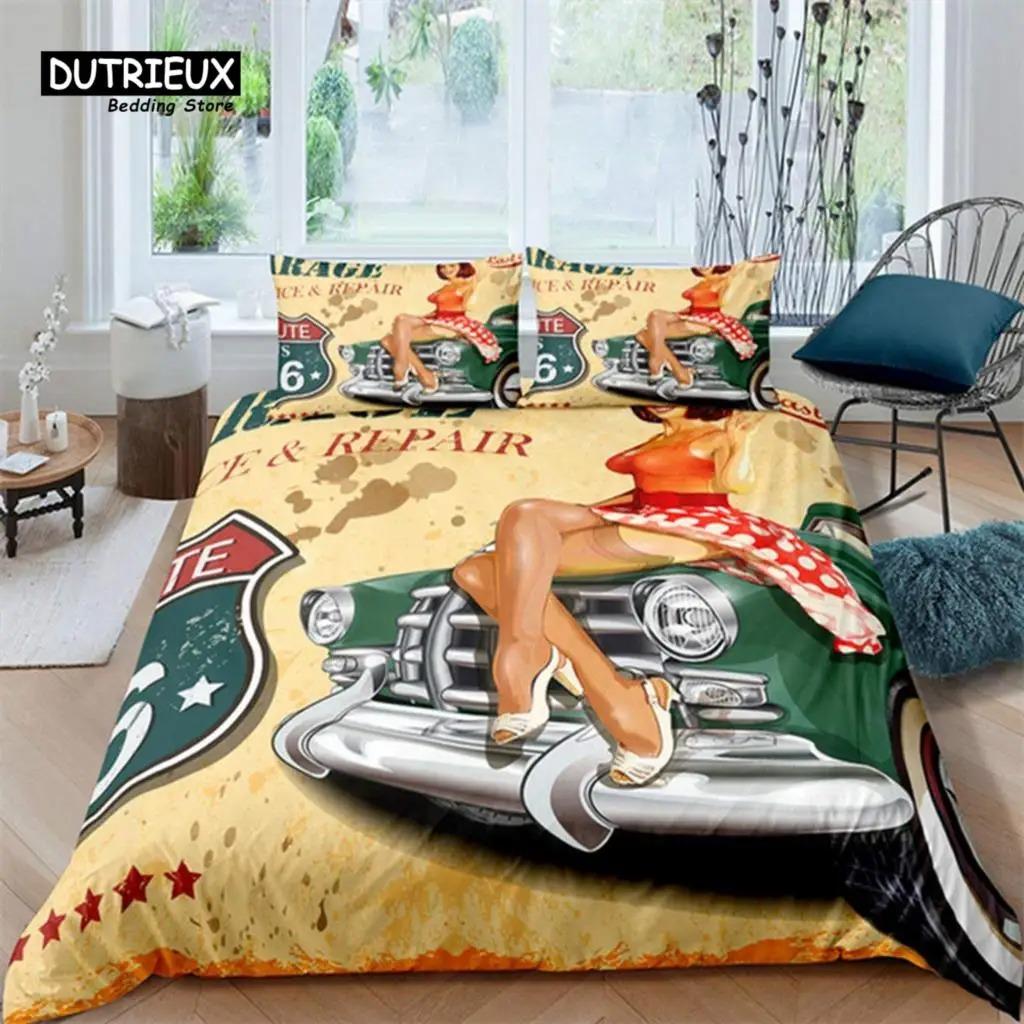 Retro Auto Bettbezug Full Vintage Autos Bettwäsche Set Stadt Gebäude Bettdecke Bezug Kissenbezüge Für Kinder Jungen Teenager Schlafzimmer Dekor