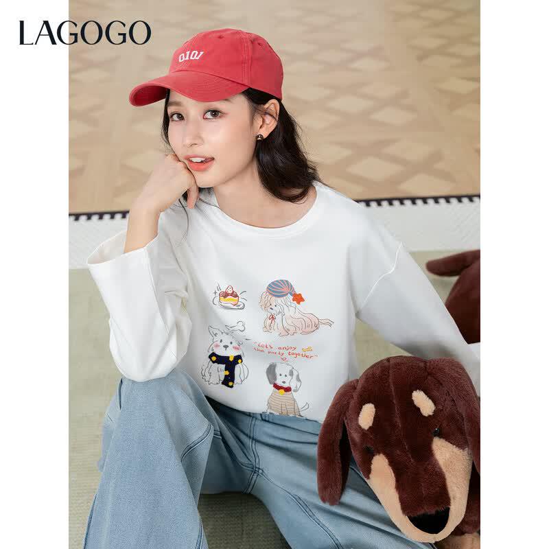 LAGOGO Women s Puppy Embroidery Drop Shoulder T-Shirt XL
