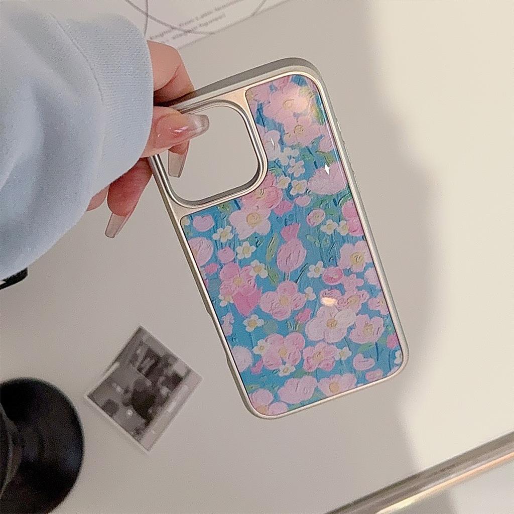 Oil Painting Blue Pink Flower Suitable for Apple 15 Promax Mobile Phone Case Iphone 16 Drop Glue 13 Electroplating 14 Beautiful Huawei