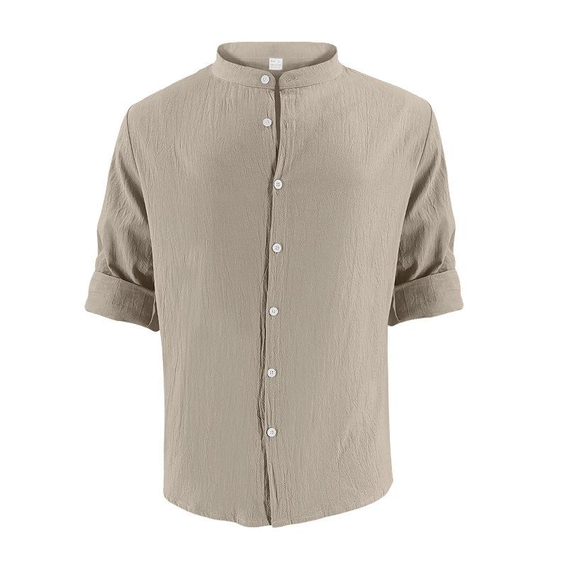 Cotton Linen Hot Sale Men's Long-Sleeved Shirts Summer Solid Color Stand-Up Collar Casual Beach Style Plus Size
