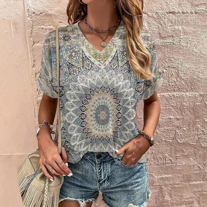 Tricou Boho Harajuku pentru damă, cu imprimeu grafic, cu mâneci scurte de vară, Topuri casual, la modă de stradă, tricou cu decolteu în V, îmbrăcăminte pentru femei, tricouri pentru femei