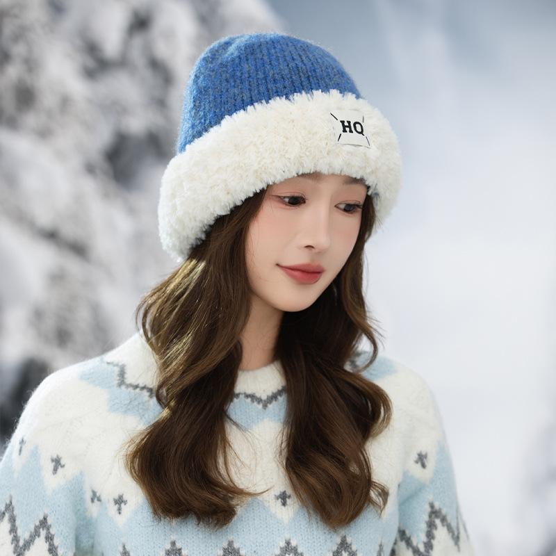 Women's Autumn and Winter Fashion Versatile Thickened Cold Proof Wool Hat Korean Style Big Head Circumference Two Color Plush Warm Hat New