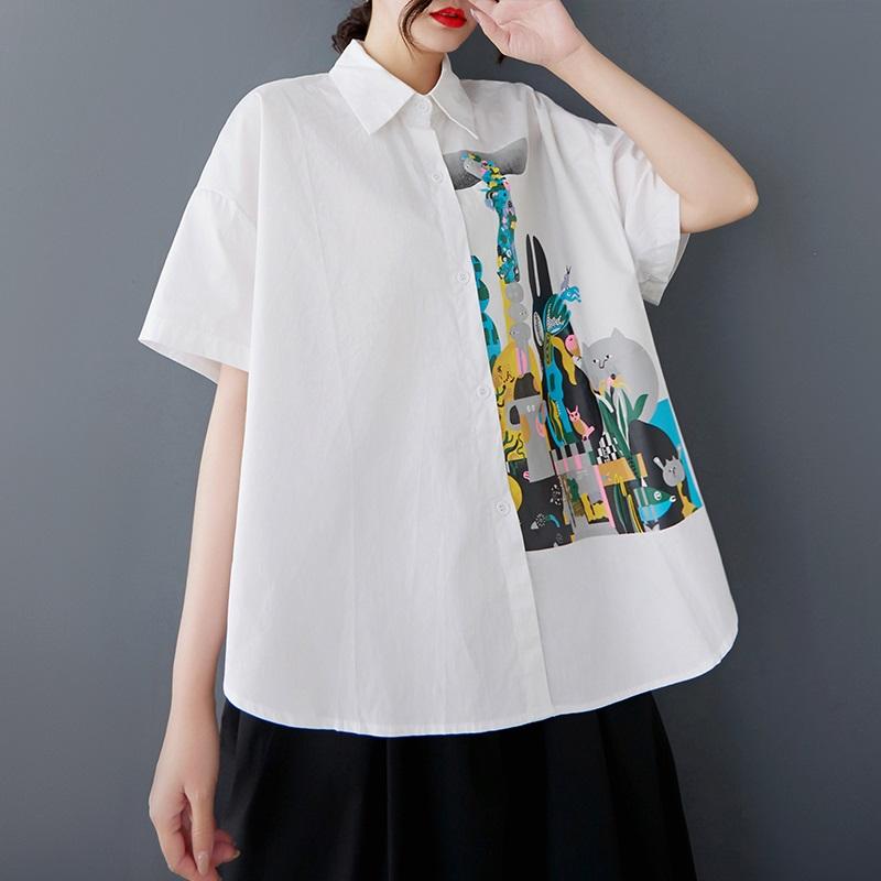 Short Sleeve Oversized Vintage Floral Cotton Shirts & Blouses for Blouse Casual Loose Summer Tops Women Button Up Shirt