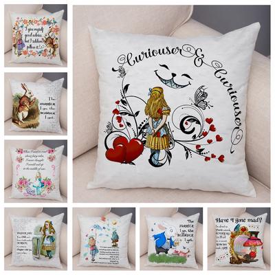 Alice In Wonderland Cushion Cover Cute Rabbit Cat Printed Sofa Pillow Vintage Home Decorative Pillow Case for Children Room