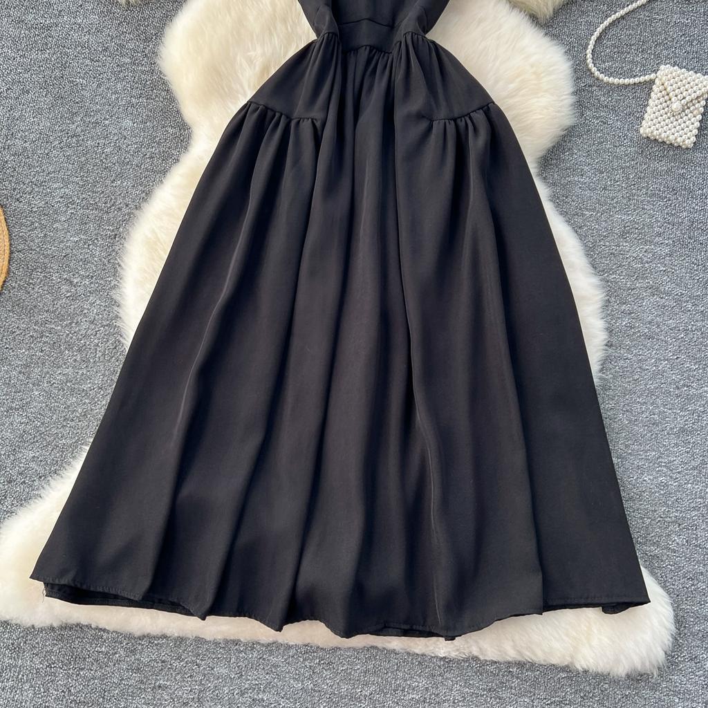 Summer Vintage Black Beading Collar Solid Sleeveless Long Midi Tank Party Dresses