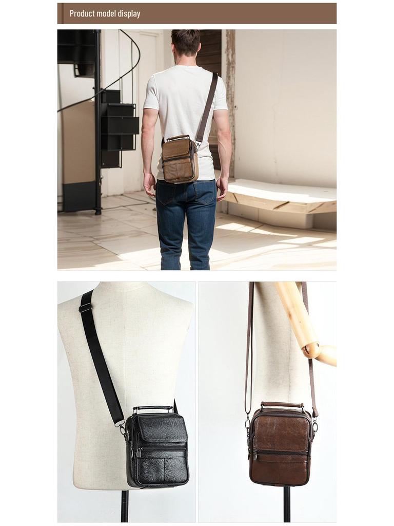 Top Grain Cowhide Vintage Men's Crossbody Leather Bag - Vertical Casual Shoulder Bag, Portable and Multifunctional
