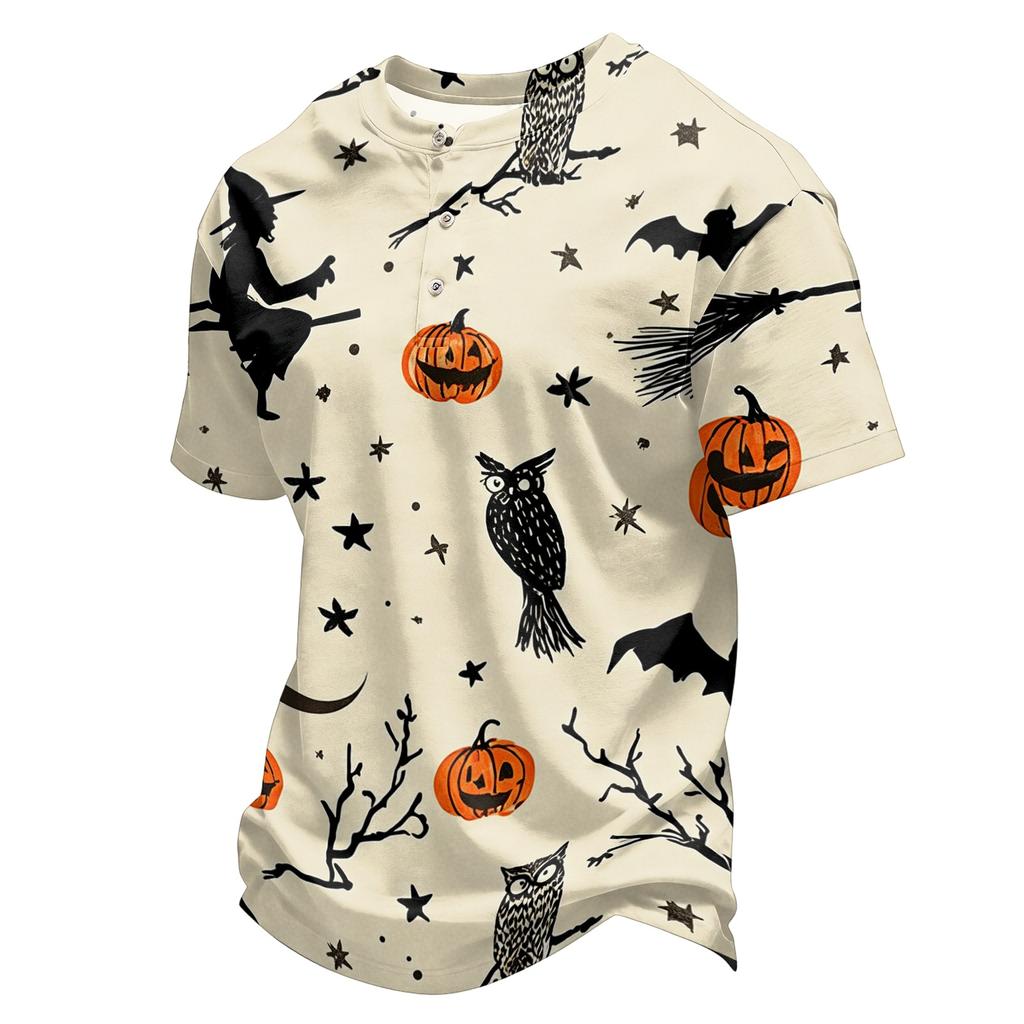 Men's Halloween Print Short Sleeve Henley Shirt Casual Round Neck Button Front Top for Seasonal Festive Wear