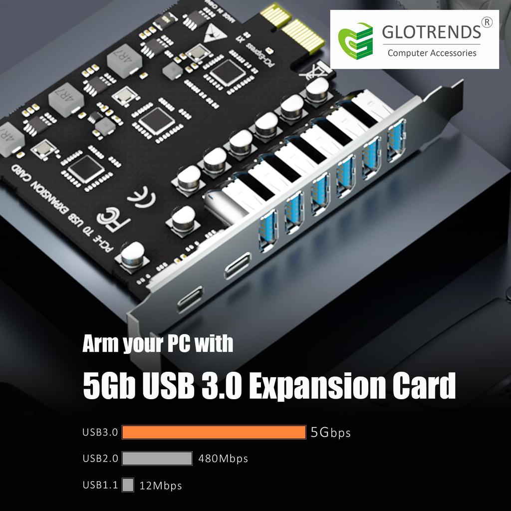 GLOTRENDS U6A2C 8 Port x 6 x USB 5Gbps PCIe Expansion Card for ARM Supports Windows and Linux Supports Mac (2 Type-C+ Type-A) 3.0 Intel, AMD,