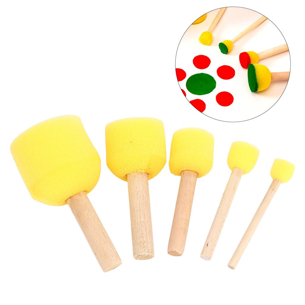 5PCS Round Foam Sponge Brush with Wooden Handle Durable Resuable Sponge Brushes for Kids DIY Painting Supplies