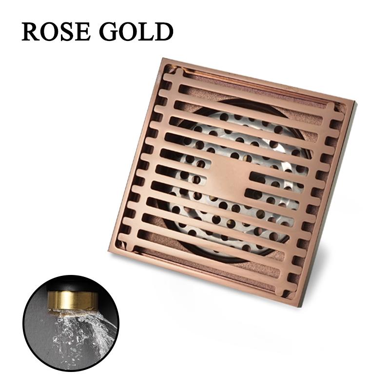 Rose Gold Floor Drain Square 100x100MM Brass Drain Toilet Balcony Bathroom Shower Anti-odor Drains Tile Insert Waste Grates
