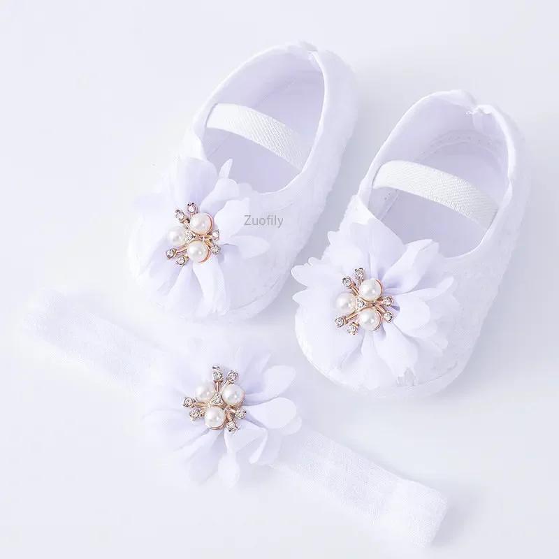Spring Infant Baby Girl Shoes Newborn Lace Flowers Headband Anti-Slip Soft Sole First Walkers Toddler Kids Cotton Baptism Shoes