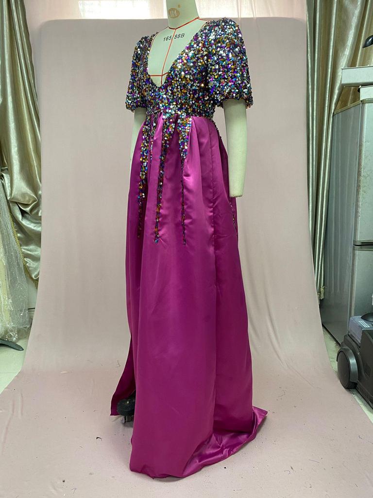 2025 Spring European & American Women's Floral Sequined V-neck Evening Gown