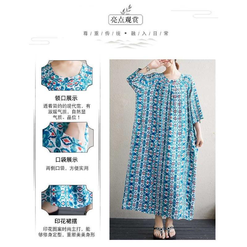 Literary Large Size Printing Women Loose Ethnic Style Dresses