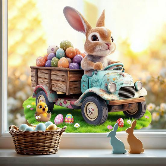 Window Sticker Healing Spring Window Scene Peel Stick Static Privacy Film Easter Bunny Egg Design Windows Doors Mirrors Decal