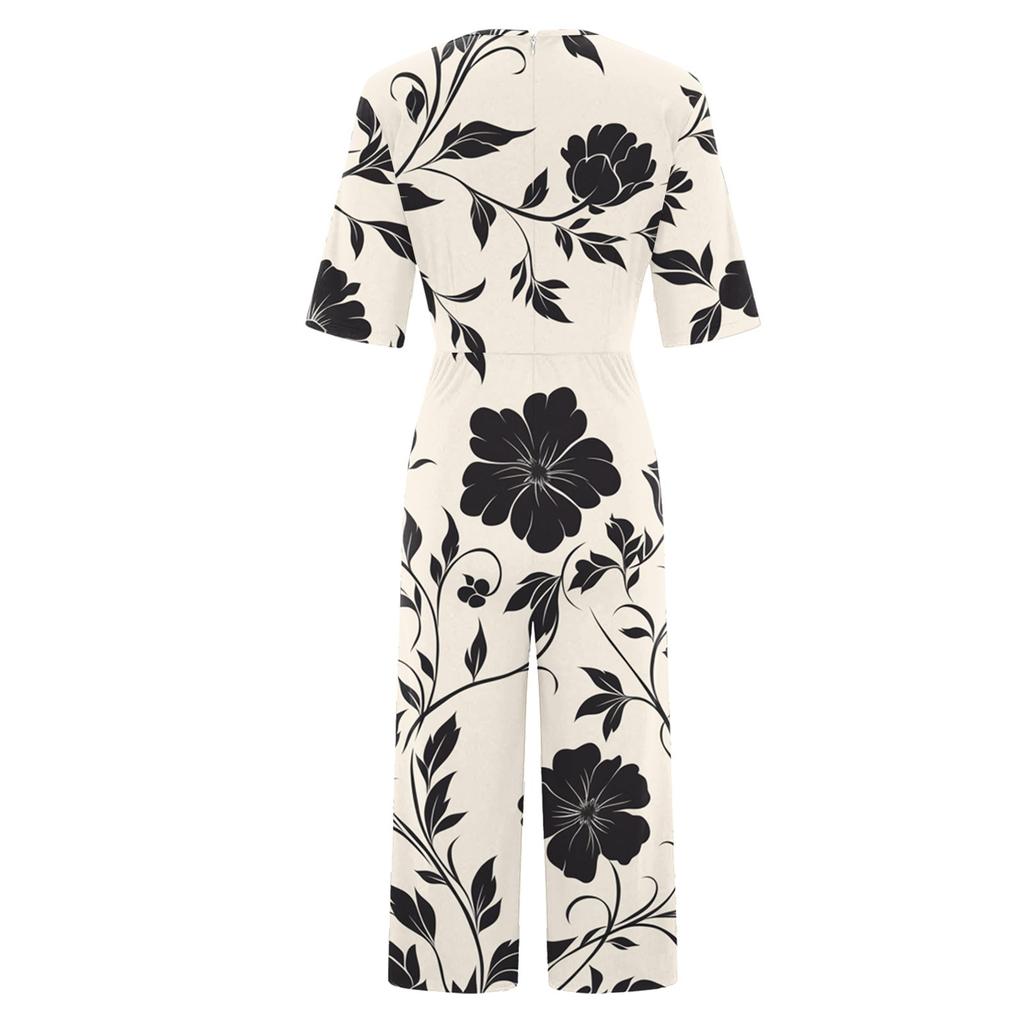Women's Loose Casual V-Neck Printed Jumpsuit Slim Fit Wide Leg Jumpsuit Wide Leg Jumpsuit