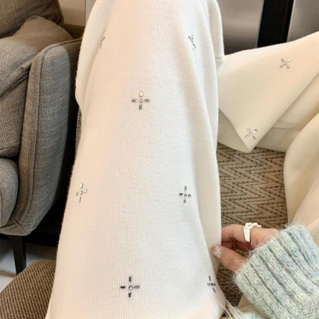 Women's High Waist Rhinestone Knit Pants - Autumn/Winter, Soft, Thickened, Loose Fit, Casual, Straight-Leg