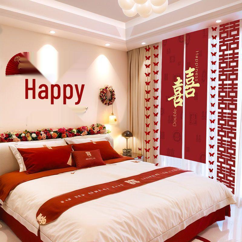 Wedding Room Decor: Double Happiness Banner for Bedroom Headboard & Curtains.