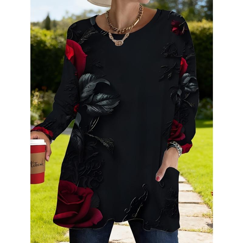 Women s plus size with pocket design black rose print long-sleeved loose top women s fashion versatile T-shirt 5XL