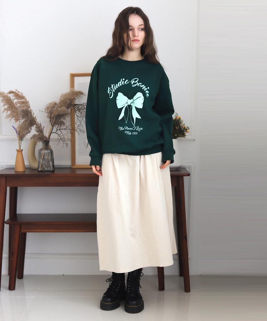 BONIEE [Fleece Lined] Ribbon Graphic Oversized Sweatshirt Green