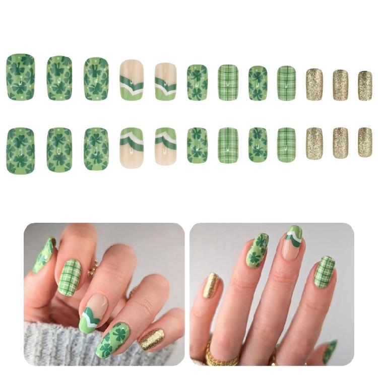 24Pcs Patrick's Day False Nail Green Shamrock Patterned Glitters Press on Nail for Adding Festival Charm to Any Outfit